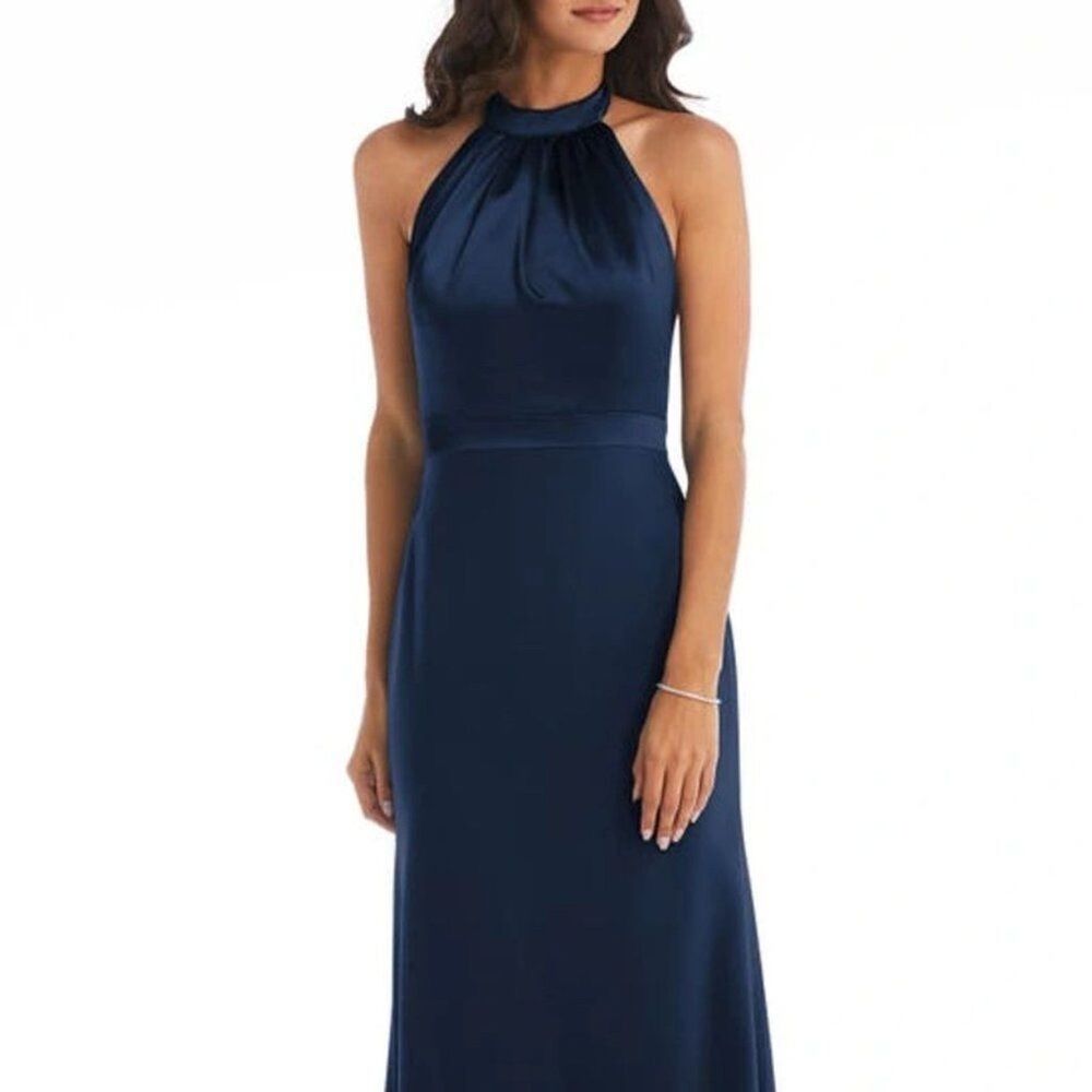 After Six Formal Evening Gown, Prom, Halter Neck, Open Back, Navy Blue 10-12